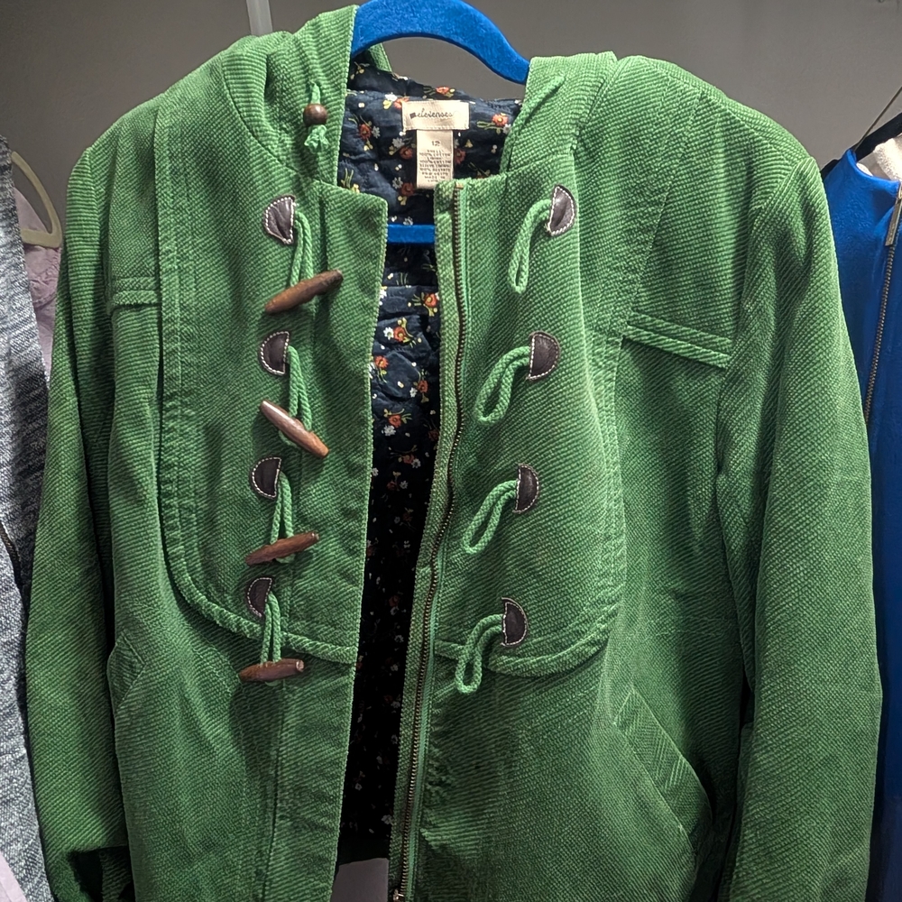 Elevenses Green Corduroy Jacket Size 12 with Floral Interior